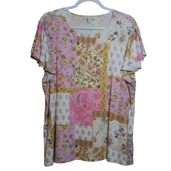 Counterparts Floral Patchwork Boho Ruffle Short Sleeve Top Size L - Picture 1 of 7